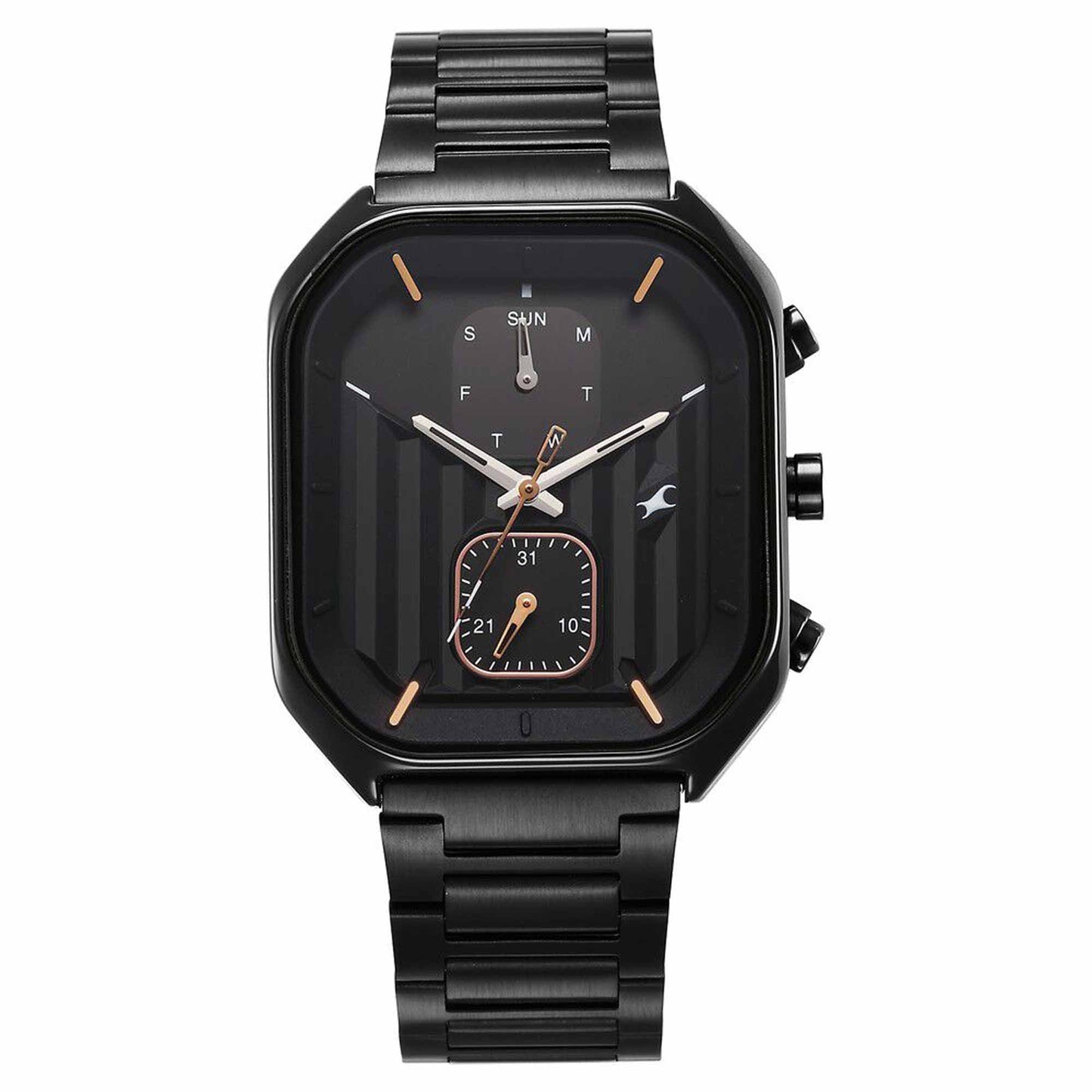 Fastrack Fleek Quartz Multifunction Black Dial Stainless Steel Strap Watch For Guys