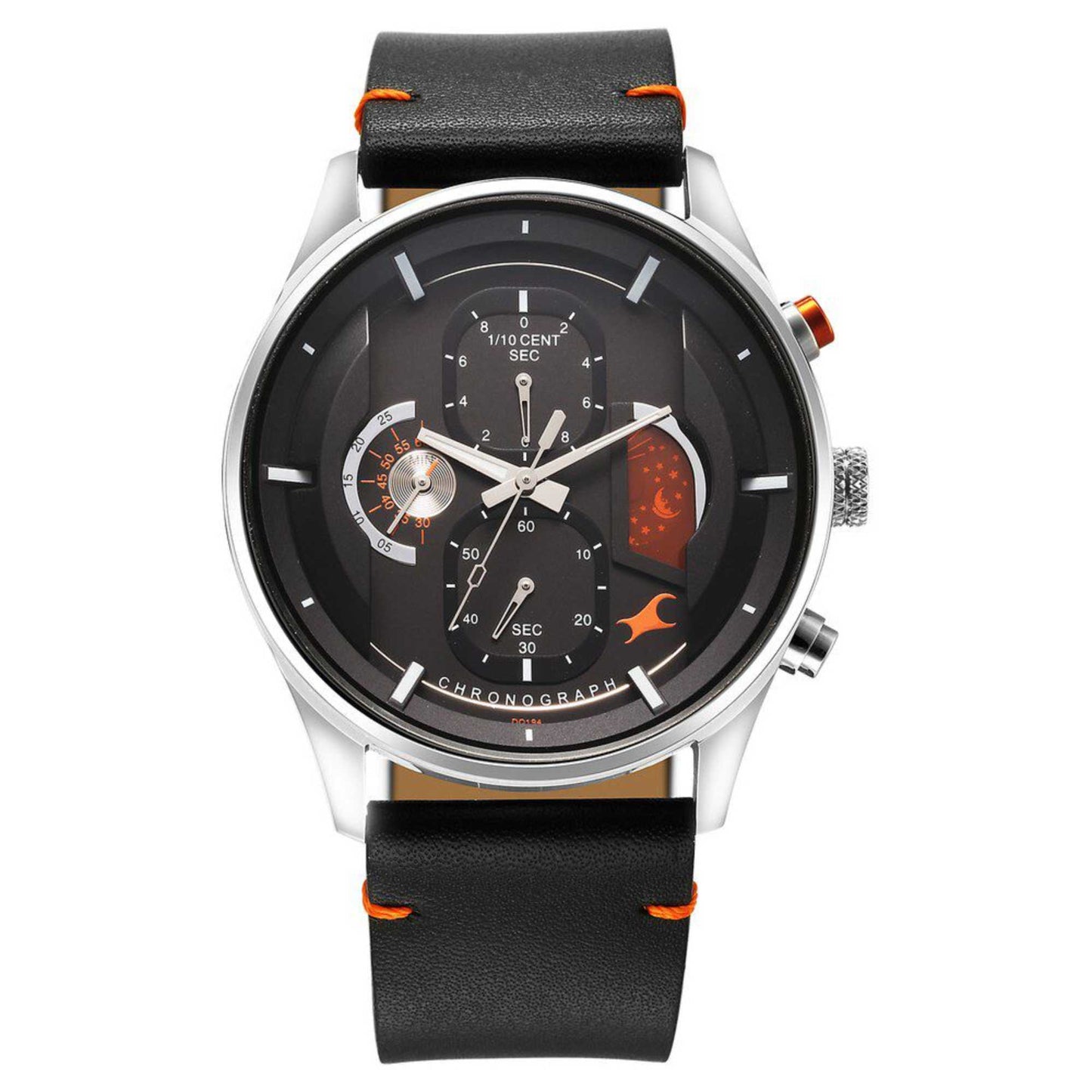 Fastrack Opulence Sun Moon Chronograph Black Dial Black Leather Strap Analog Quartz Watch For Guys