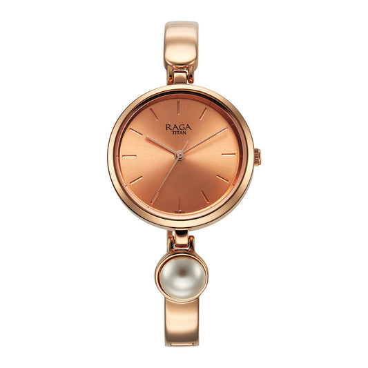 Titan Raga Power Pearls Quartz Analog Rose Gold Dial Metal Strap Watch for Women-TITAN-Albatel