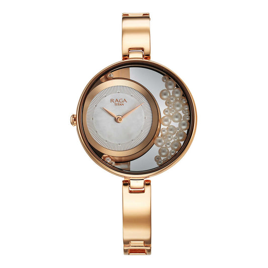 Titan Raga Power Pearls Quartz Analog White Dial Metal Strap Watch for Women-TITAN-Albatel