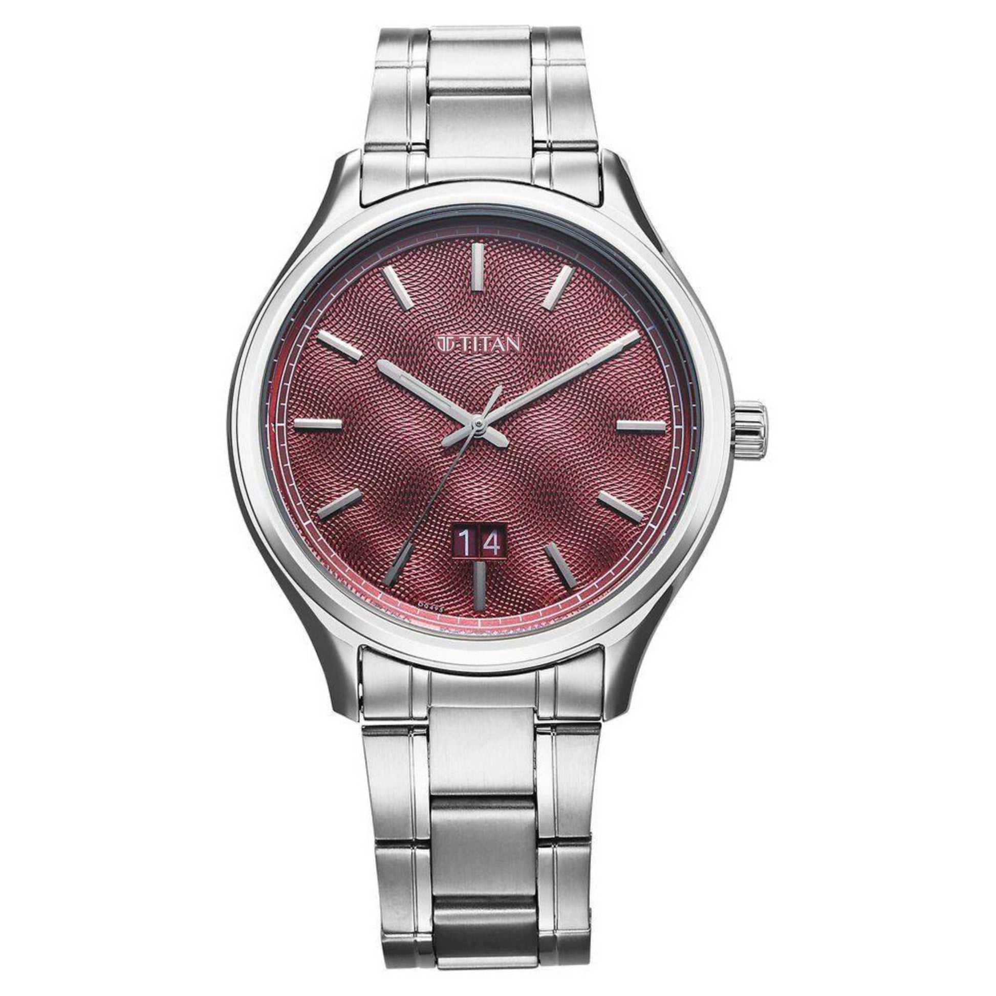 Titan Palette Of Time Quartz Analog with Date Maroon Dial Stainless Steel Strap Watch For Men
