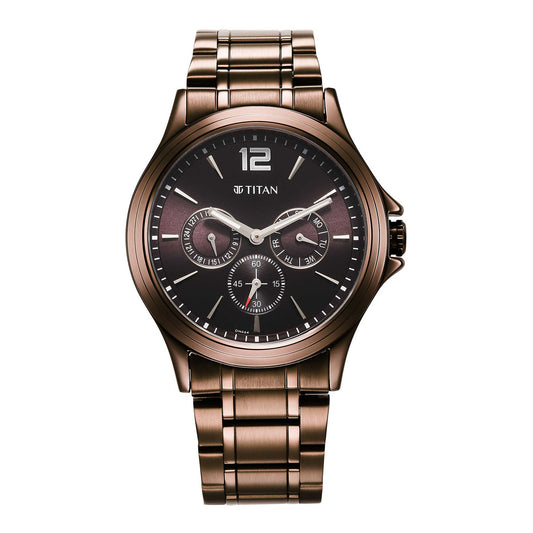Titan Neo Splash Quartz Multifunction Brown Dial Stainless Steel Strap Watch for Men