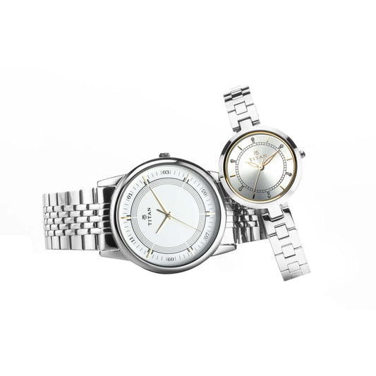 Bandhan Silver White Dial Stainless Steel Pair Watches