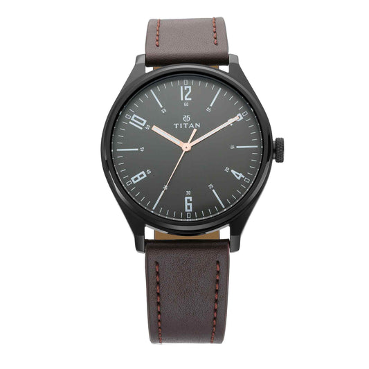 Workwear Watch with Black Dial & Brown Leather Strap