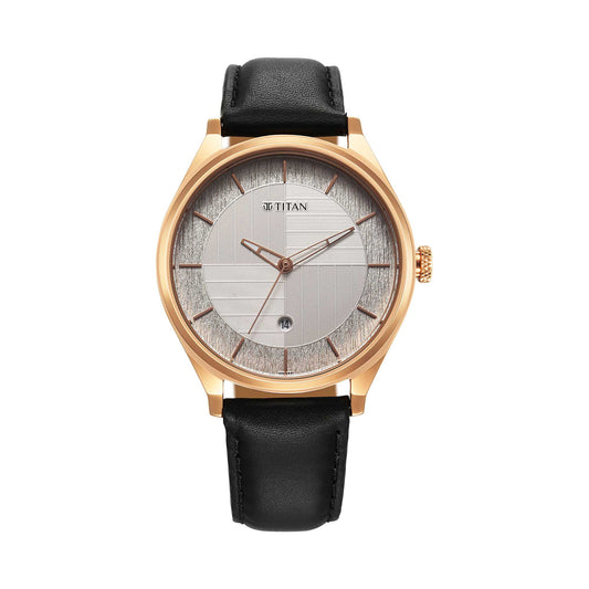 Titan Neo Economy Quartz Analog with Date Silver Dial Black Leather Strap Watch For Men