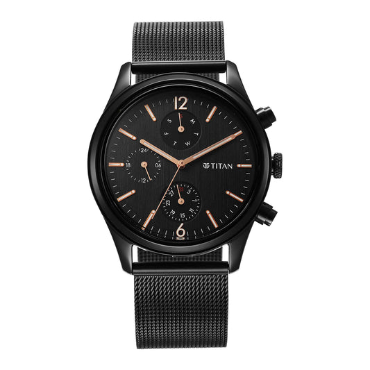 Titan Neo Black & Gold Quartz Analog with Day and Date Black Dial Stainless Steel Strap Watch for Men