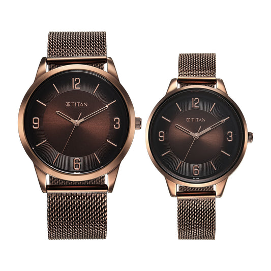 Titan Bandhan Quartz Analog Brown Dial Stainless Steel Strap Watch for Couple
