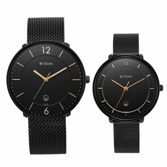 Titan Bandhan Black Dial Stainless Steel Strap Watck for Pair