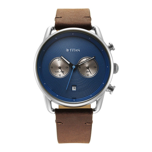 Retro Blue Dial Golden Brown  Strap Watch