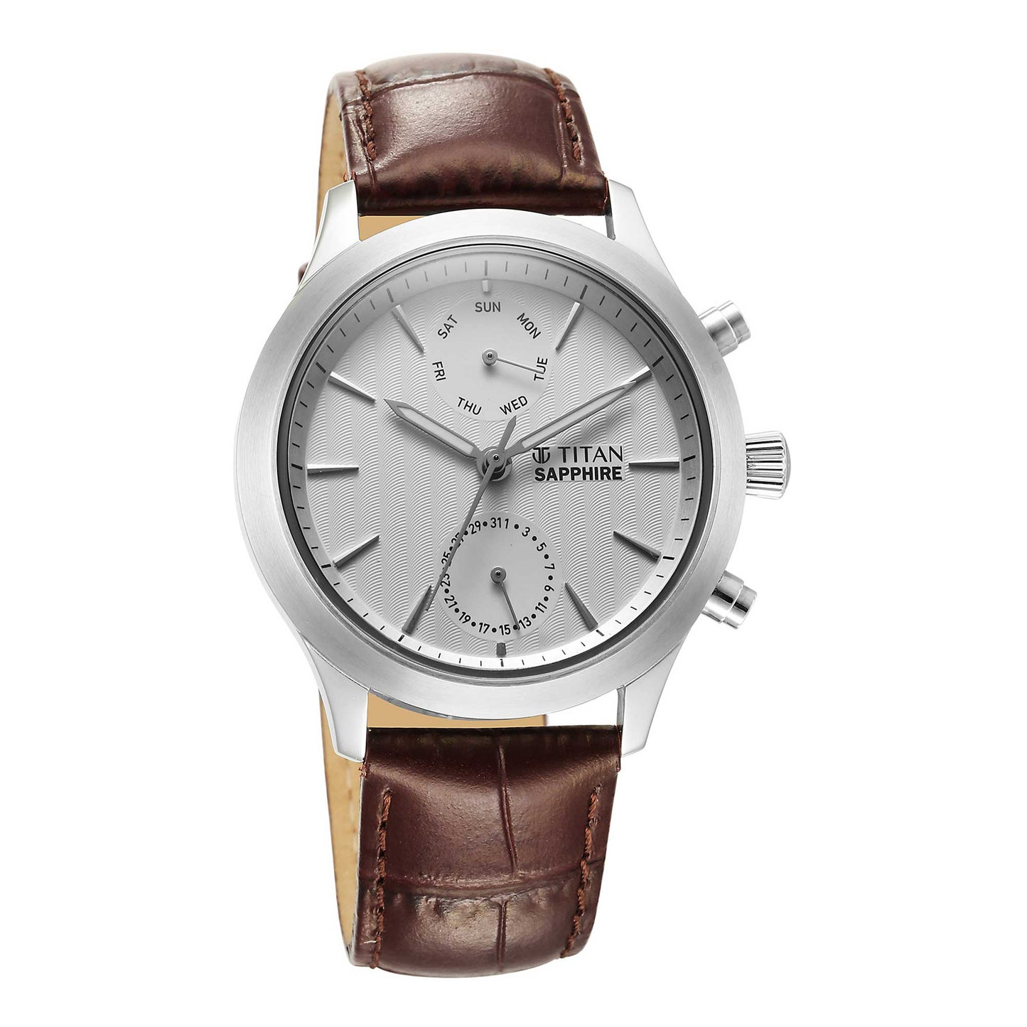 Titan Sapphire Multifunction Quartz Analog with Day and Date White Dial Leather Strap Watch for Men