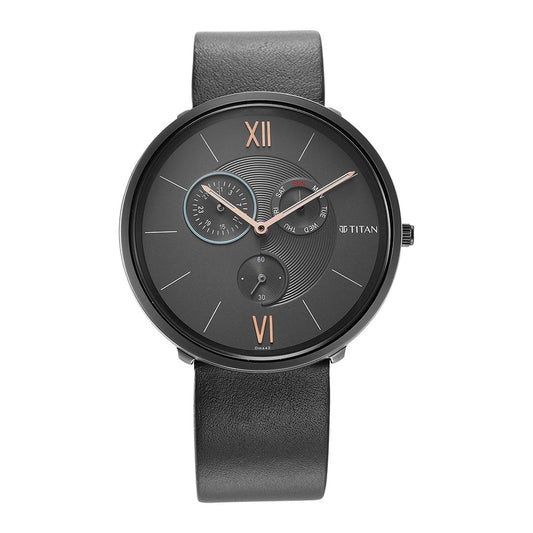 Slim Multifinction Grey Dial Leather Strap Watch