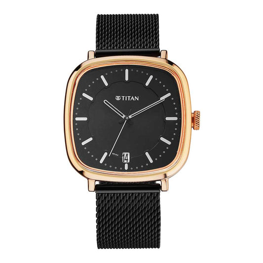 Titan Shaped Case Black Dial Metal Strap Watch