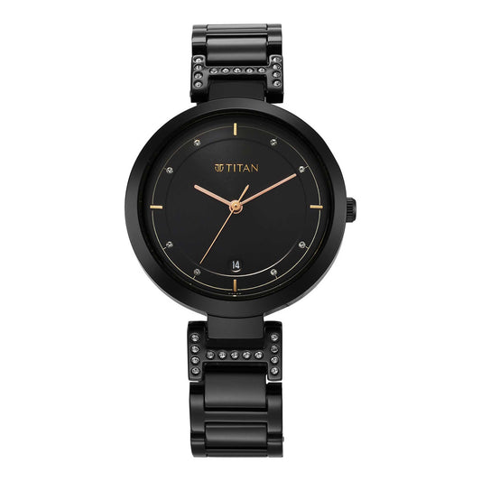 Titan Workwear Quartz Analog Black Dial Black Stainless Steel Strap Watch for Women