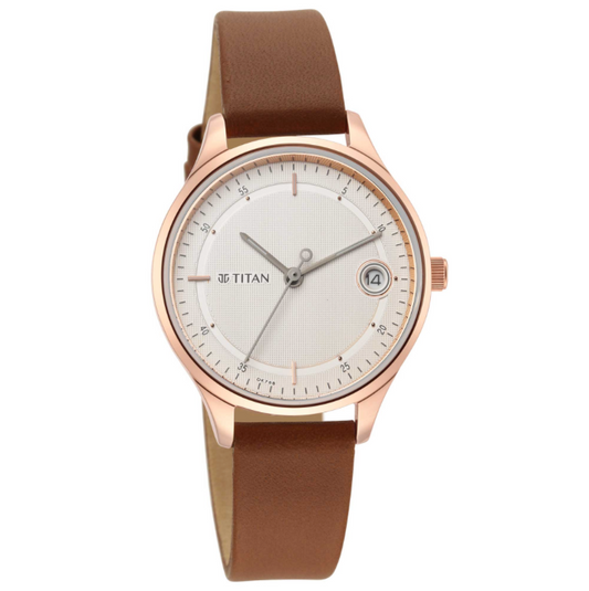 Workwear Silver Dial Brown Leather Strap Watch-Titan-Albatel