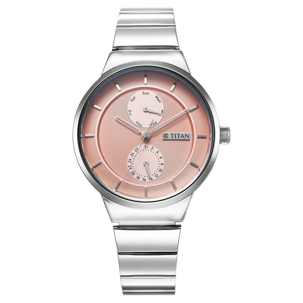 Titan Neo Multifunction Pink Dial Silver Color Stainless Steel Strap Watch For Women