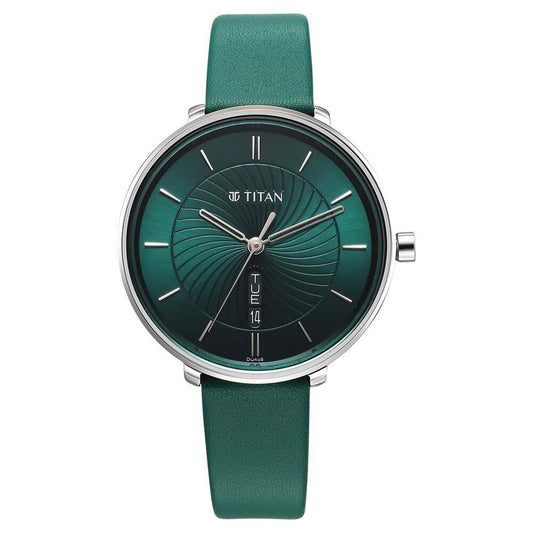 Titan Neo Analog with Day and Date Green Dial Green Color Leather Strap Watch For Women