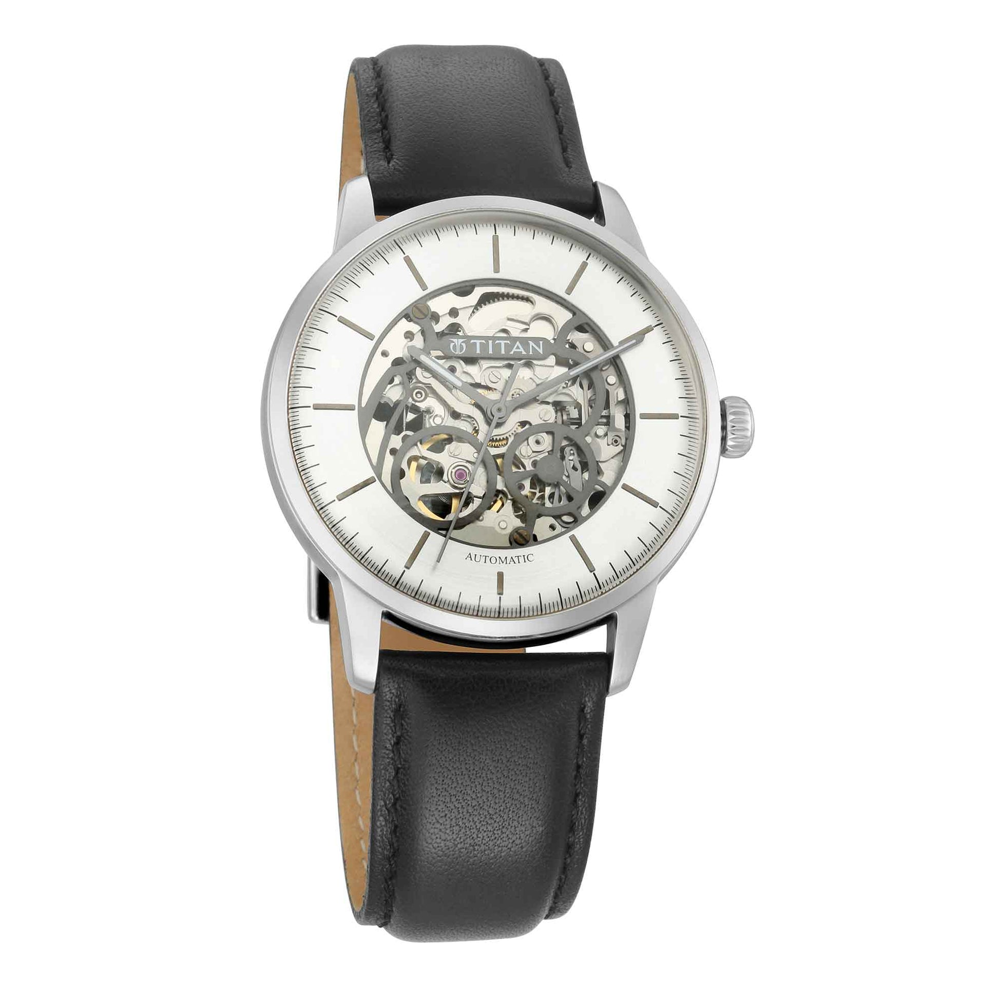 Silver Dial Automatic Watch with Leather Strap