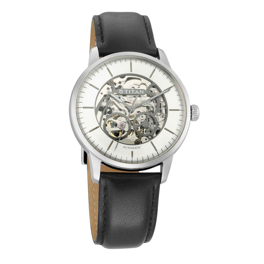 Silver Dial Automatic Watch with Leather Strap