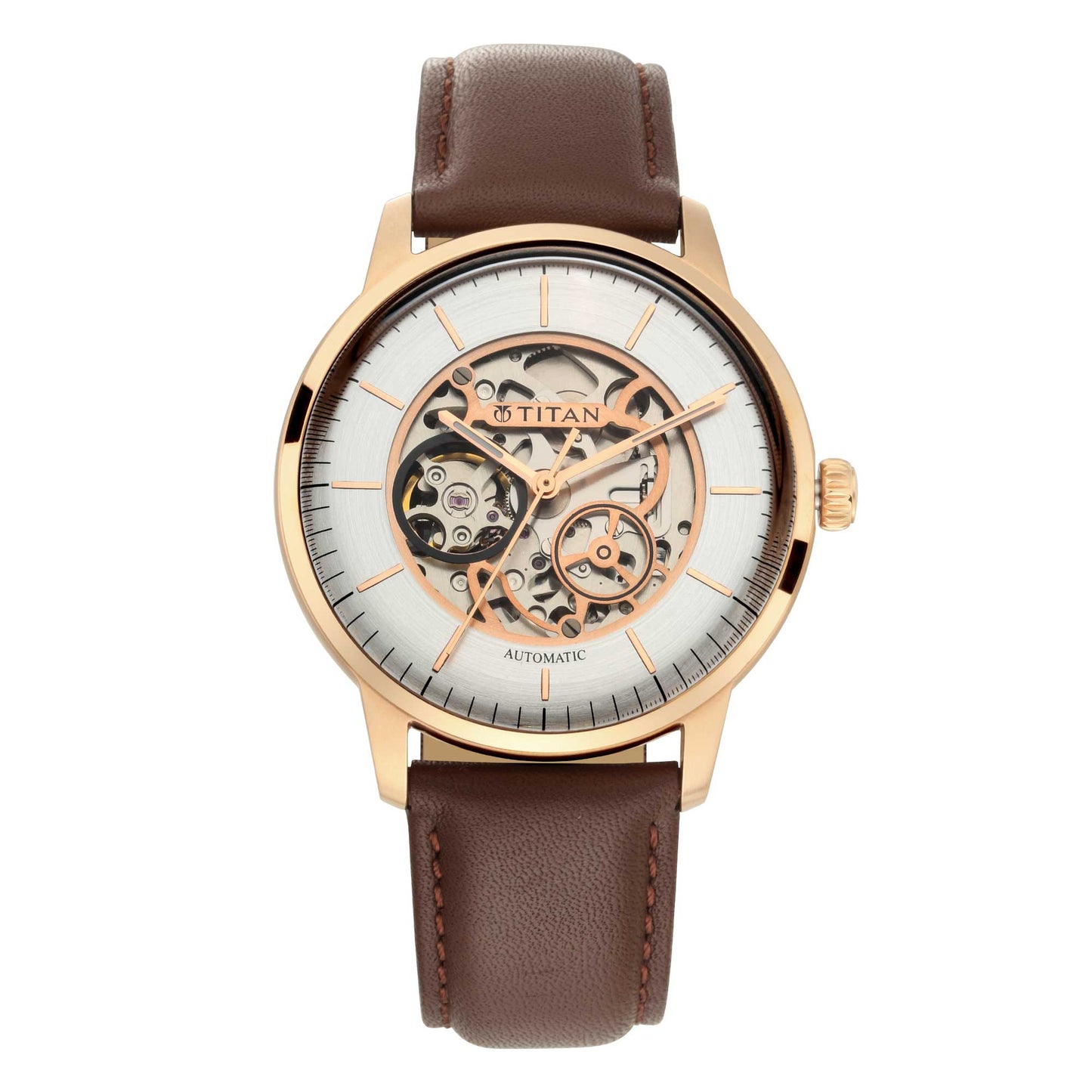 Automatic Watch with Silver White Dial & Brown Strap