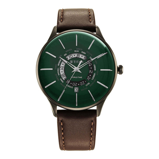 World Time Green Dial Leather Strap Watch-Titan-Albatel