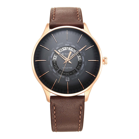 World Time Black Dial Leather Strap Watch