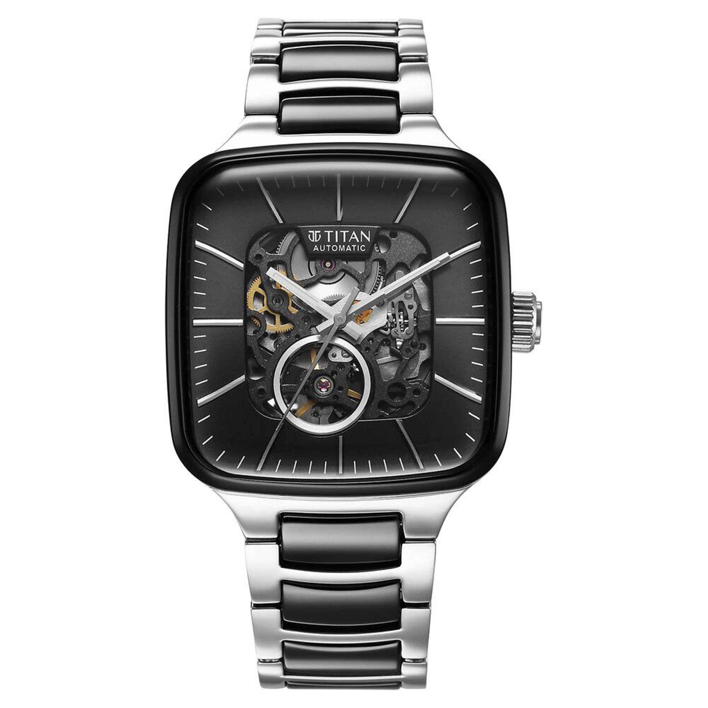 Titan Ceramic Fusion Skeleton Automatic Rich Black Dial Steel & Ceramic Strap Watch For Men