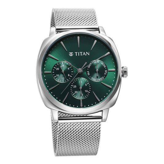 Titan Classique Suave Quartz Green Dial Silver Stainless Steel Mesh Strap Watch for Men