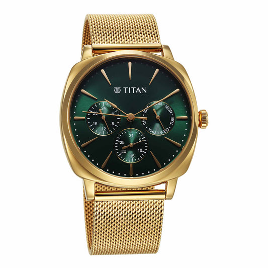 Titan Classique Suave Quartz Green Dial Golden Stainless Steel Mesh Strap Watch for Men