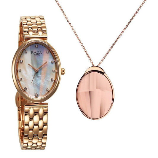 Titan Raga Memoirs Quartz Analog Mother Of Pearl Dial With Rose Gold Metal Strap Watch For Women