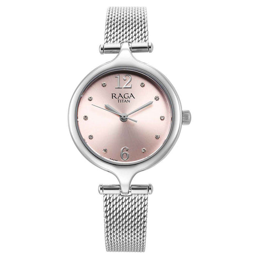 Titan Raga Showstopper Quartz Analog Pink Dial Metal Strap Watch for Women