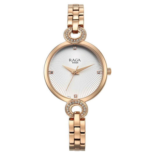 Titan Raga Showstopper Quartz Analog White Dial Metal Strap Watch for Women