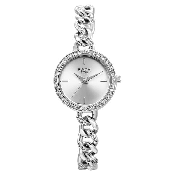 Titan Raga Showstopper Quartz Analog Silver Dial Metal Strap Watch for Women