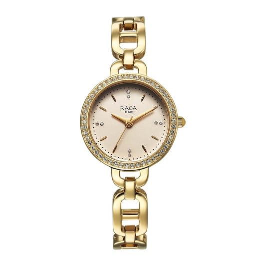 Titan Raga Showstopper Quartz Analog Golden Dial Metal Strap Watch For Women