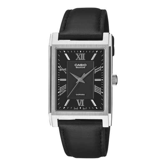 Men's Leather Strap Black Dial Watch