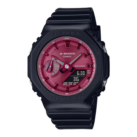 ساعة جي شوك GMA-S2100RB-1A للسيدات باللون الأحمر والأسود التناظرية الرقمية المثمنة