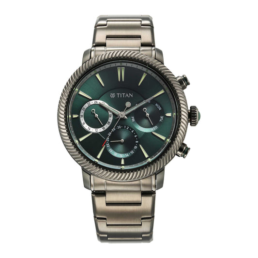 Titan Stellar Quartz Multifunction Green Dial Stainless Steel Strap Watch for Men-TITAN-Albatel