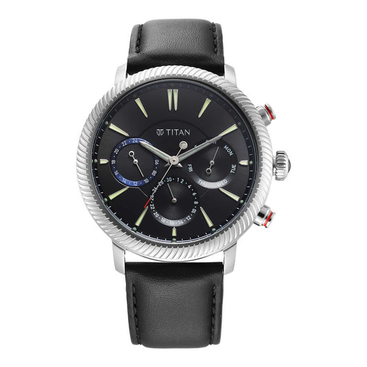 Titan Stellar Quartz Multifunction Black Dial Leather Strap Watch for Men-TITAN-Albatel