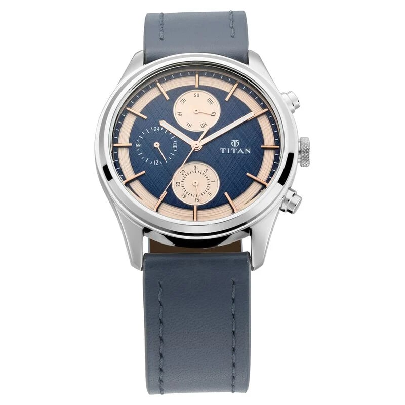 Men's Multifunctional Blue Watch with Leather Strap-TITAN-Albatel