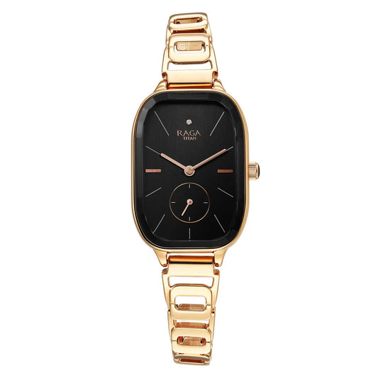 Titan Raga Chic Quartz Analog Black Dial Rose Gold Metal Strap Watch for Women-TITAN-Albatel