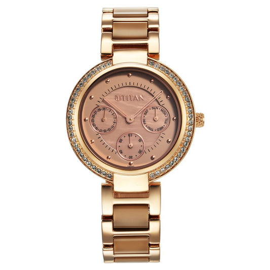 Titan Acetate Glam Quartz Multifunction Brown Dial Hybrid Strap Watch for Ladies-TITAN-Albatel